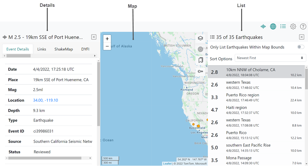 Example view of Details, Map, and List panes open simultaneously with Details, Map, and List panes highlighted.