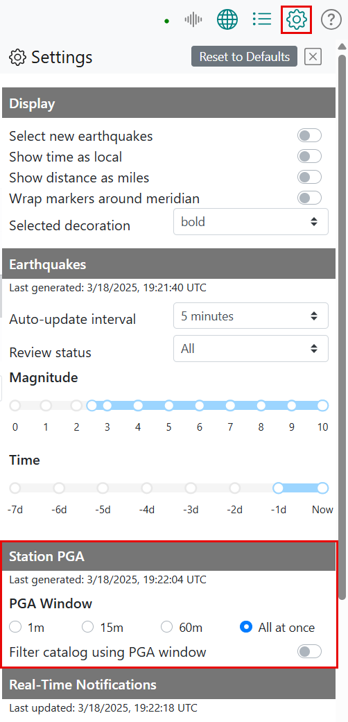 Station PGA area of the List pane, showing PGA Window Options and Filter catalog using PGA window toggle.