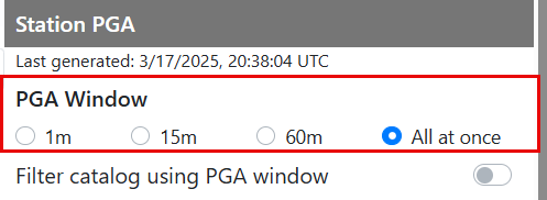 Station PGA Window Options: 1m, 15m, 60m, and All at once.