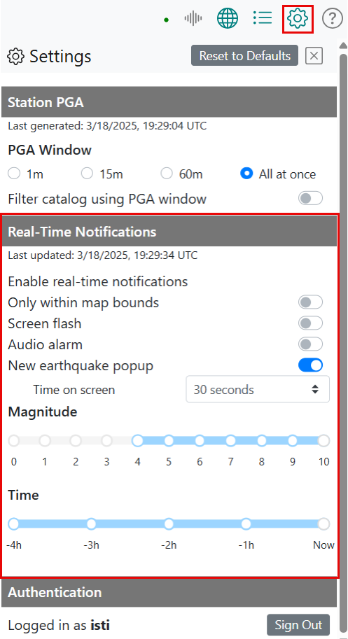 The Settings menu icon and the Real-Time Notifications areas of the Settings pane are highlighted with a red border.