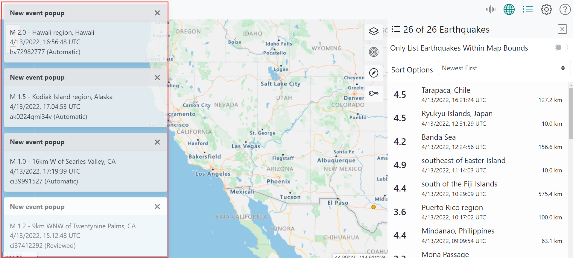 New Event popups are shown where they appear on the left side of the map.