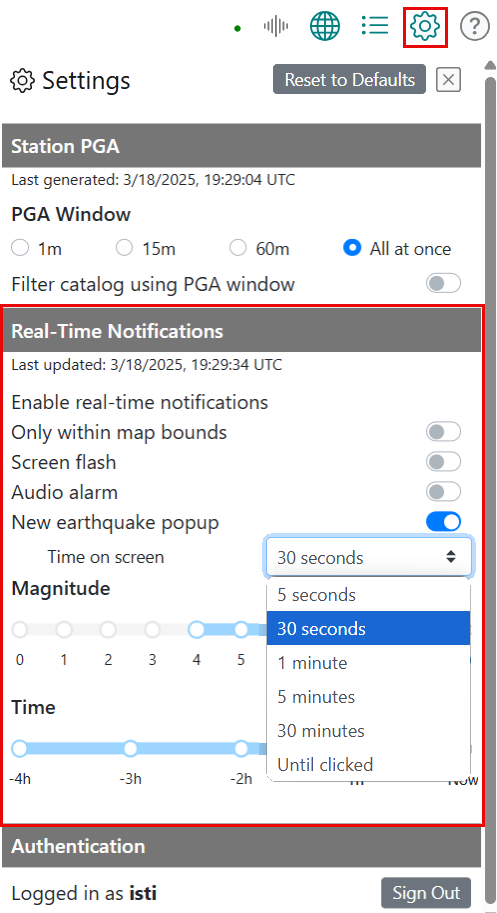 The Time on Screen dropdown options: 5 seconds, 30 seconds, 1 minute, 5 minutes, 30 minutes, and Until Clicked.