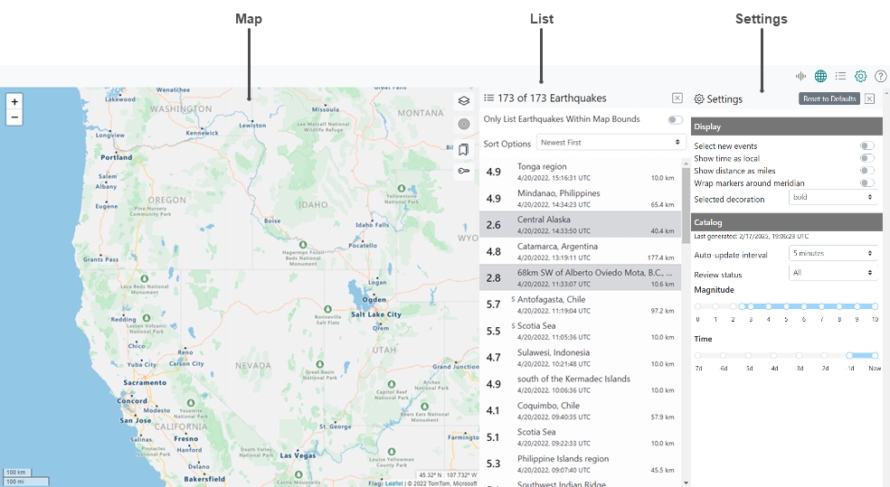 View of Map, List, and Settings panes open simultaneously with Map, List, and Settings panes highlighted.