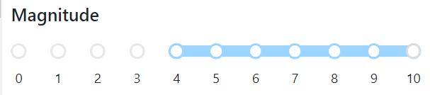 The default real-time notification magnitude filter settings on the slider: 4 to 10.