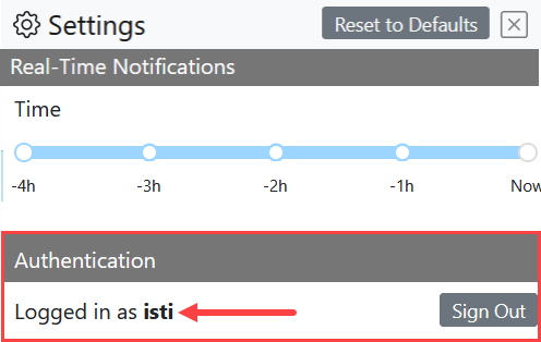 The Authentication area of the List pane shows what username is used by an authenticated user to log into this session.
