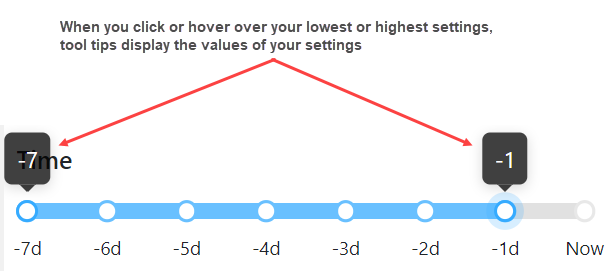 Example of a slider tooltip, which displays when you click or hover over your lowest or highest settings. Such tooltips show the values of your slider settings.