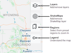 The four map icons with explanatory text: Layers - add/remove layers; ShakeMaps - add/remove ShakeMap layer; Regions - select from preset regions to zoom in; and Legend - understand the map.