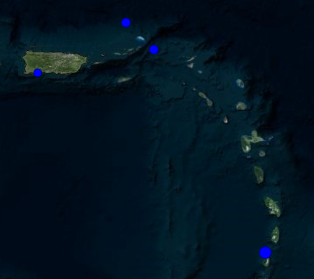 Blue circles on the map.