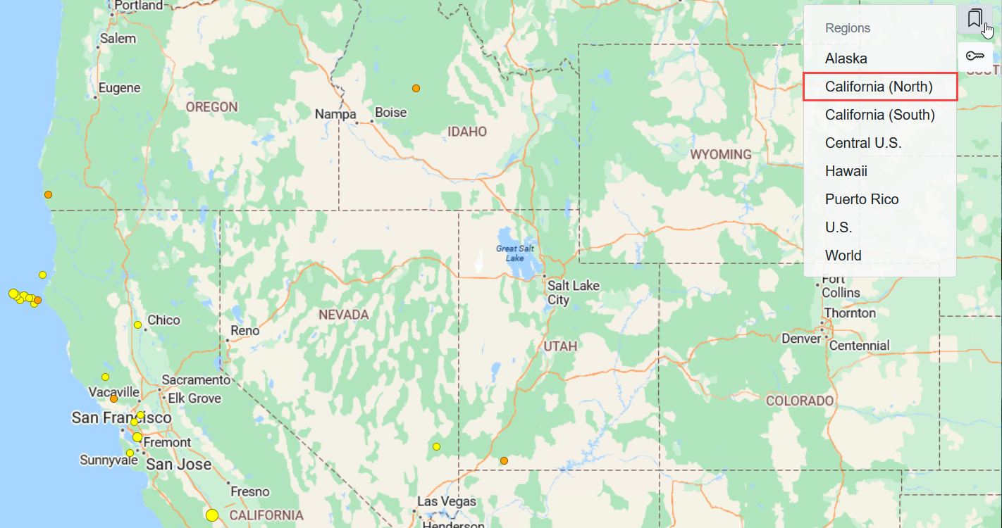 The map displayed when California (North) is selected as a preset region.