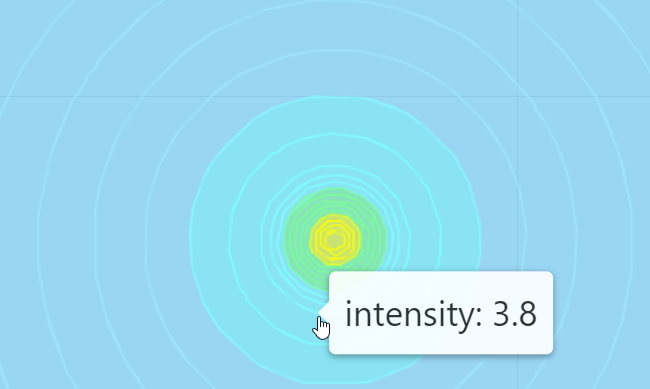 A ShakeMap event on the map with a tooltip showing the intensity of a particular area when you hover over it.