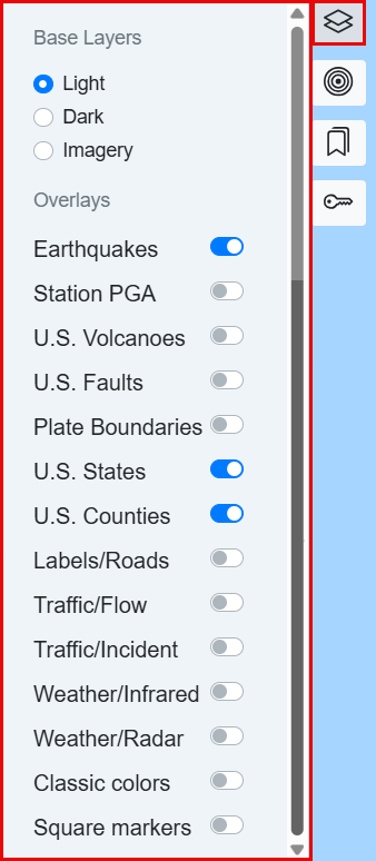 The entire Layers dropdown showing base layers and overlays, all of which can be toggled on or off.