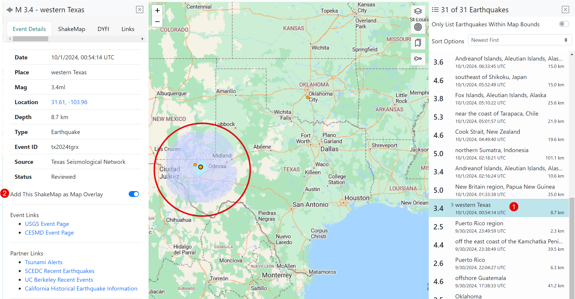 The Details, Map, and List panes open with an event selected in the List pane and detailed in the Details pane. The Map pane shows the event with a ShakeMap overlay.
