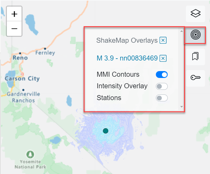 The ShakeMap Overlays dropdown containing one ShakeMap overlay.