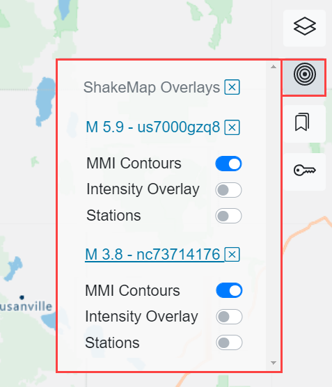 The ShakeMap Overlays dropdown containing two ShakeMap overlays.
