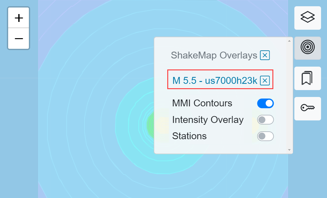 The ShakeMap Overlays dropdown with the area highlighted where you can click to zoom to the ShakeMap event.