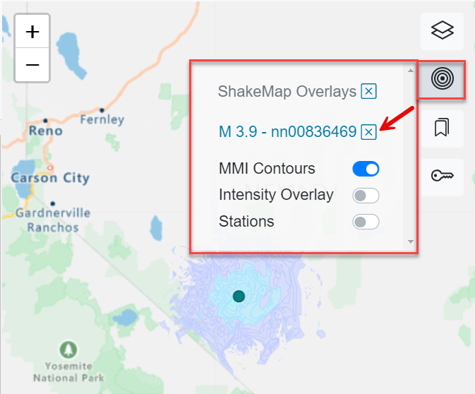 The ShakeMap Overlays dropdown with a red arrow pointing to the X that removes a ShakeMap overlay when clicked.