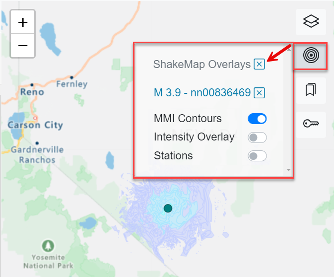 The ShakeMap Overlays dropdown with a red arrow pointing to the X that removes all ShakeMap overlays when clicked.