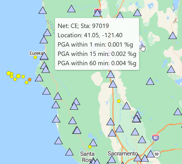 Stations represented by triangles on the map. Each station has one color, indicating that the station's PGA values are all in the same range.