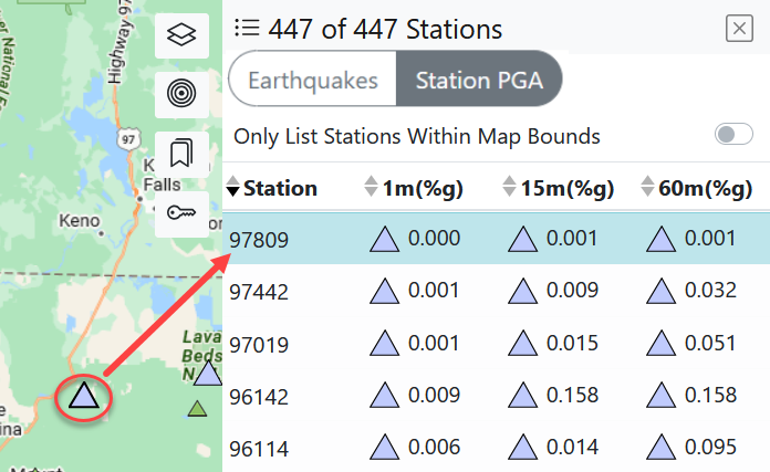 A station is selected on the map, which highlights in blue the station in the Station PGA list.