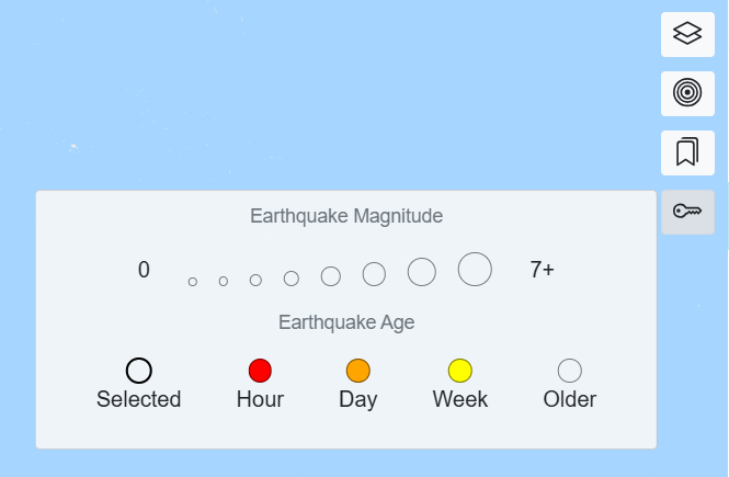 The default map legend shows earthquake magnitude ranging from 0 magnitude (small circle) to 7+ magnitude (large circle). Earthquake age is also shown as a color for each age, e.g., red for an hour, orange for a day, yellow for a week, and clear circle for older. A selected earthquake is a circle outlined in bold.