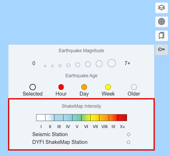 The map legend showing ShakeMap Intensity as a range of colors.