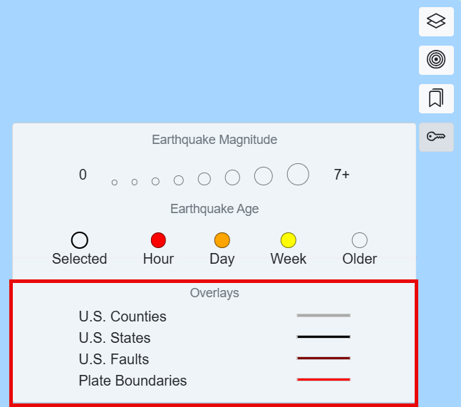 The map legend when the counties overlay is toggled on. Counties, States, Faults, and Plate Boundaries display on the map as colored lines..