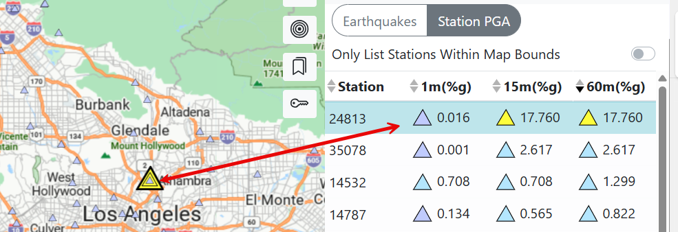 Station triangles are multicolored when PGAs occur in more than one time window.
