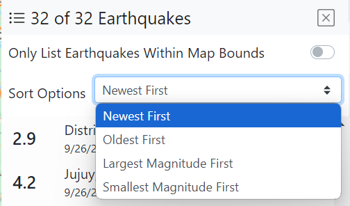 The List Sort Options dropdown: Newest First, Oldest First, Largest Magnitude First, Smallest Magnitude First.