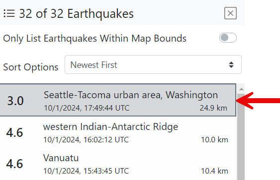 New earthquake in list is displayed in a gray square with a dark border.