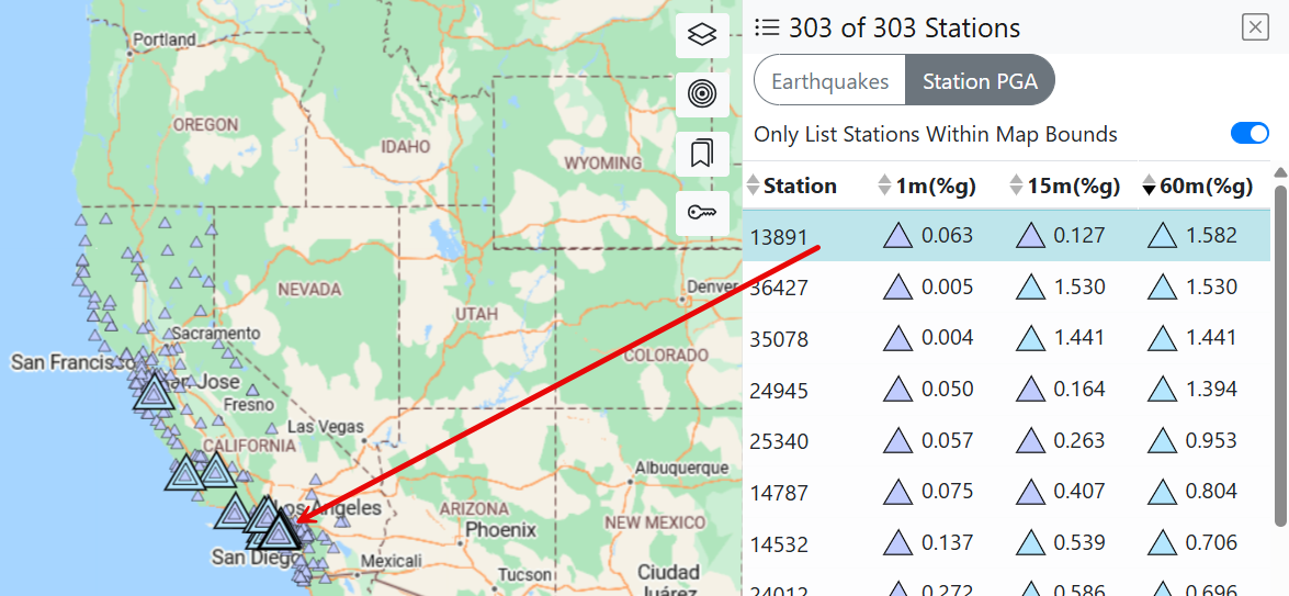 The map and list are displayed with a red line going from a station in the PGA list to a station on the map. When a station is selected from the PGA list, the map zooms to the selected station.