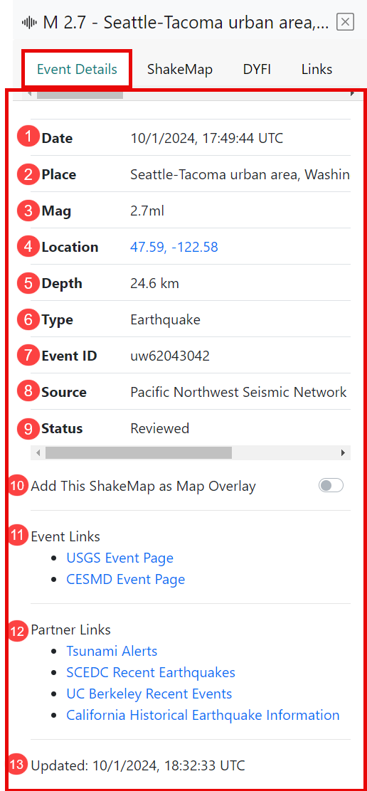 The Event Details tab highlighted in the Details pane. Each element of the tab is numbered to correspond with the numbered description in the table that follows.