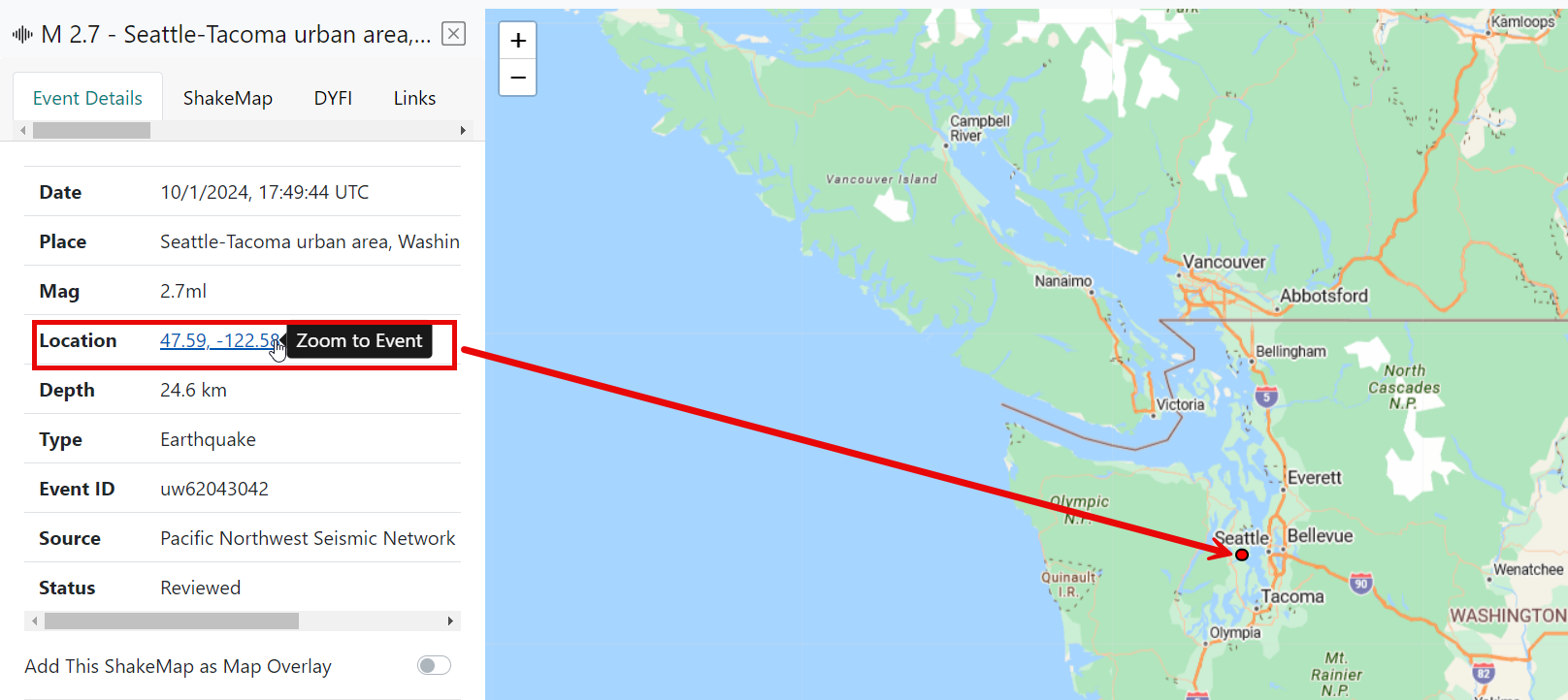 The Details and Map panes are open, and a red arrow originates at the Location field which, when clicked, zooms into the event on the map. The arrow points to the event from the Location field.