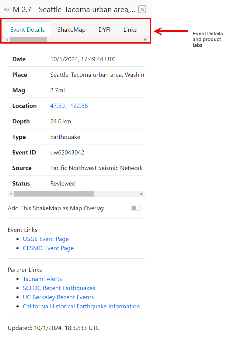 The Details pane with an arrow pointing to the Event Details and Product tabs, which are also highlighted with a red border.