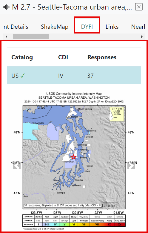 An example of a DYFI product tab's data. The DYFI tab and the area containing the data are highlighted with a red border.