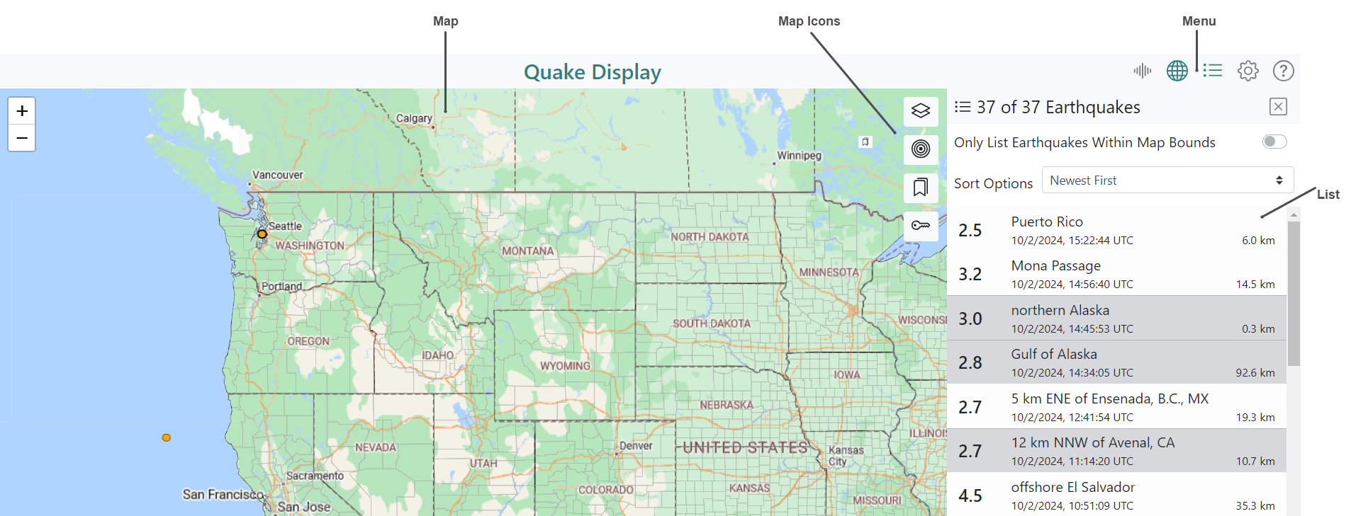 Default view of the Quake Display interface when opening it for the first time. Map, Map Icons, Menu, and List are highlighted.