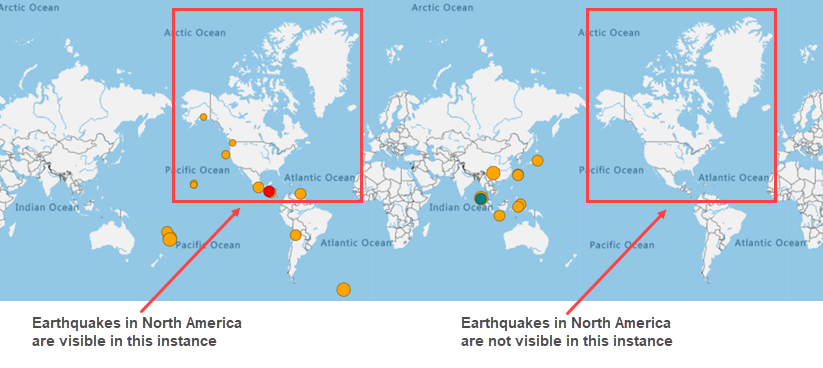 The map with the Wrap markers around meridian setting turned off. The left-most view of North America shows earthquakes, but as you look to the right on the map, the next view of North America has no visible earthquakes.