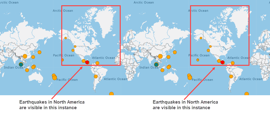 The map with the Wrap markers around meridian setting turned on. The left-most view of North America shows earthquakes, and as you look to the right on the map, the next view of North America also shows visible earthquakes.