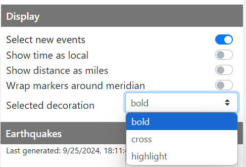 The List pane's Selected Decoration dropdown is open to show the bold, cross, and highlight options for showing selected events on the map.