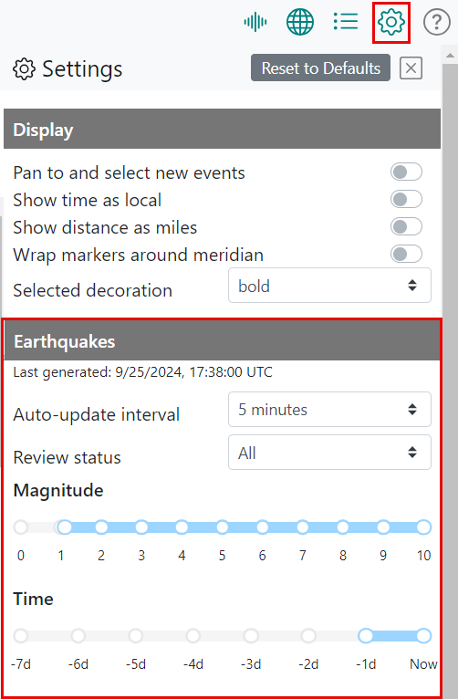 The Settings pane with the Catalog area highlighted, which contains Auto-update interval dropdown, Review status dropdown, and Magnitude and Time sliders.