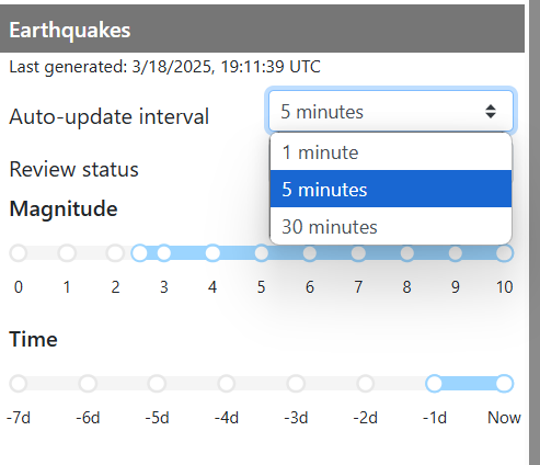 The Auto-Update Interval dropdown is open, showing all available options: 1 minute, 5 minutes (default), and 30 minutes.